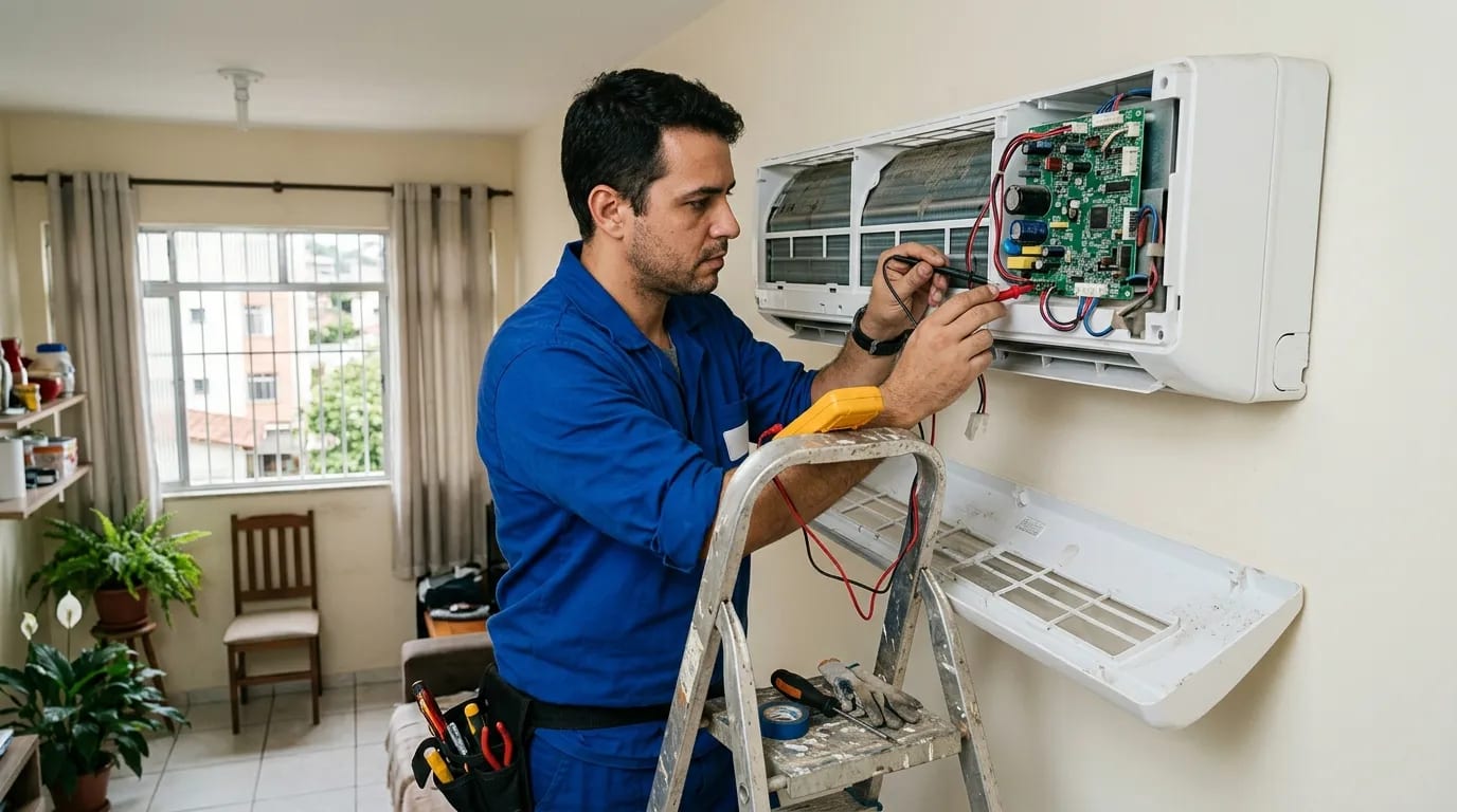 Eletricista ligando a placa do ar-condicionado split em Caxias do Sul‑RS